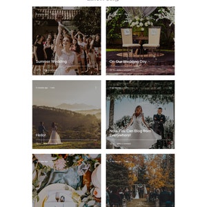 May include: A website layout featuring blog posts with wedding photography themes. The top banner displays the name "ADRIANNA PHOTOGRAPHY". Blog post titles include "Summer Wedding", "On Our Wedding Day", "Hello!", "Now You Can Blog from Everywhere!", "Design a Stunning Blog", and "Grow Your Blog Community".