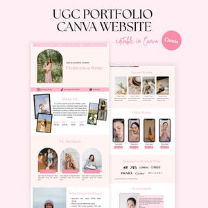 May include: A pink and white Canva website template titled "UGC PORTFOLIO CANVA WEBSITE." The website design includes sections for "About Me," "My Services," and "Recent Works." The template is labeled "editable in Canva" and features the name "Francesca Rose."