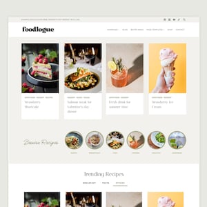 Peut inclure: Page d'accueil d'un blog culinaire appelé "foodlogue". Le site Web présente des images de différents plats, notamment un shortcake aux fraises, un steak de saumon, une boisson d'été et de la crème glacée aux fraises. Le site Web comprend également une section pour parcourir les recettes et une section pour les recettes tendance.