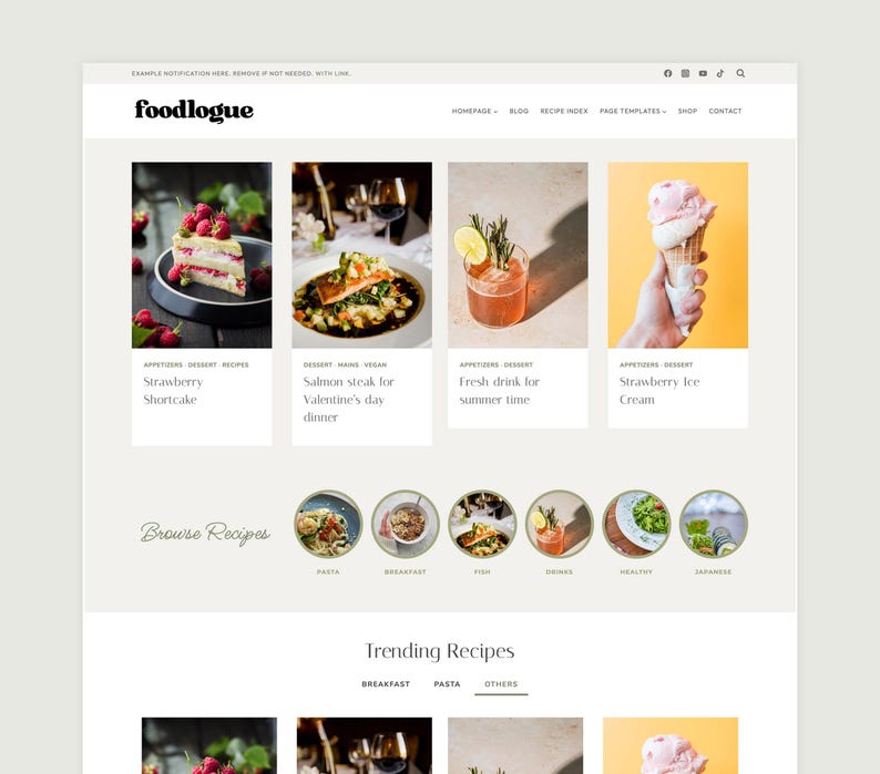 May include: A website homepage for a food blog called "foodlogue". The website features images of various dishes, including a strawberry shortcake, a salmon steak, a summer drink, and strawberry ice cream. The website also includes a section for browsing recipes and a section for trending recipes.