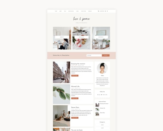 WordPress Blog Theme | Feminine Website Blog | Minimal WordPress Theme | Love Peace by Skyandstars