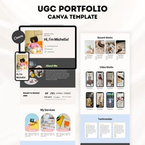 May include: A digital UGC portfolio Canva template featuring a tablet and smartphone display showing a personal profile page with the text Hi, I'm Michelle, alongside a vertical layout containing sections for recent works, video works, and testimonials.