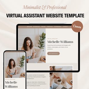 May include: A digital website template for virtual assistants displayed on a tablet and smartphone screen. The design features a neutral color palette with the text "Minimalist & Professional VIRTUAL ASSISTANT WEBSITE TEMPLATE" and a Canva logo.