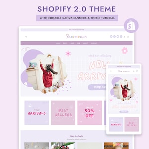 May include: Lilac Blossom Shopify 2.0 theme website with a pink and white color scheme. The website features a banner with a girl wearing a red jacket and the text "New Arrivals". The website also features a banner with the text "Best Sellers" and a banner with the text "50% Off".