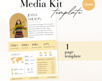 1 Page Yellow Media kit Canva Template,Instagram media kit Canva, Influencer Rate Sheet Tiktok rate card Blogger Press Kit,Youtube media kit