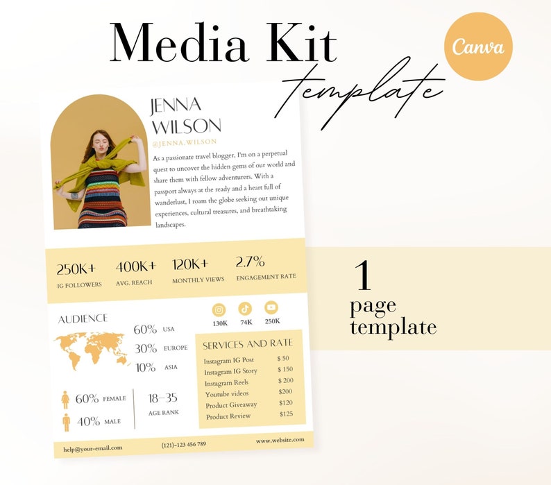 1 Page Yellow Media kit Canva Template,Instagram media kit Canva, Influencer Rate Sheet Tiktok rate card Blogger Press Kit,Youtube media kit image 1