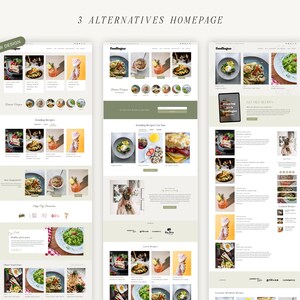May include: Three different website homepage designs for a food blog called "Foodlogue". The designs feature a variety of food photos, including salads, sandwiches, and drinks. The website also includes a section for trending recipes and a call to action to get free recipes.