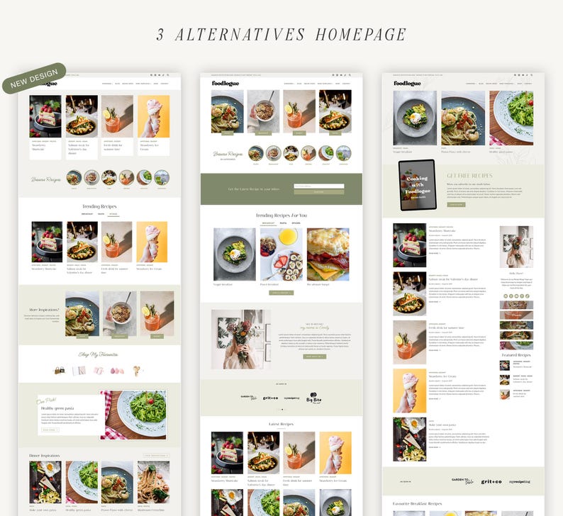 May include: Three different website homepage designs for a food blog called "Foodlogue". The designs feature a variety of food photos, including salads, sandwiches, and drinks. The website also includes a section for trending recipes and a call to action to get free recipes.