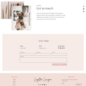 K&ouml;nnte beinhalten: Eine Website-Startseite f&uuml;r Leighton Lavigne, ein Unternehmen mit einem hellrosa und wei&szlig;en Farbschema. Die Website bietet ein Kontaktformular, ein Navigationsmen&uuml; und einen Social-Media-Bereich. Der Text "Get in touch" wird in einer gro&szlig;en Schriftgr&ouml;&szlig;e angezeigt.