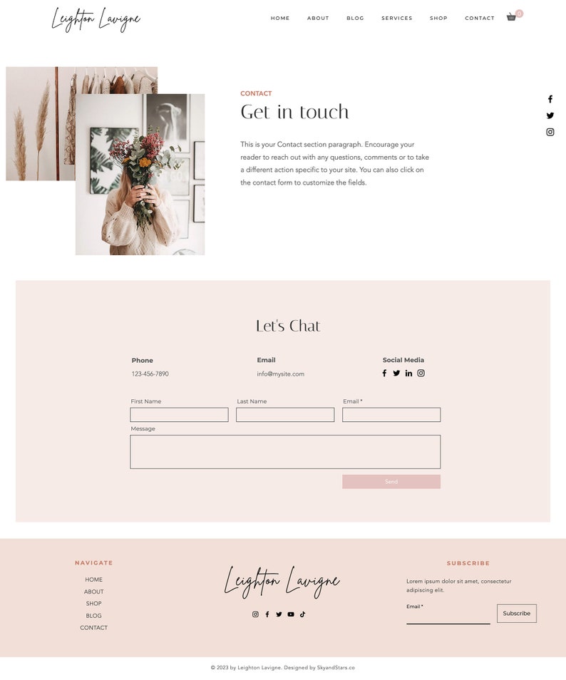 K&ouml;nnte beinhalten: Eine Website-Startseite f&uuml;r Leighton Lavigne, ein Unternehmen mit einem hellrosa und wei&szlig;en Farbschema. Die Website bietet ein Kontaktformular, ein Navigationsmen&uuml; und einen Social-Media-Bereich. Der Text "Get in touch" wird in einer gro&szlig;en Schriftgr&ouml;&szlig;e angezeigt.