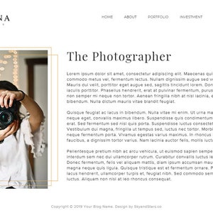 May include: Website design for Adrianna Photography, featuring a photographer holding a camera. The site includes navigation links and text about the photographer. The design uses a gold color scheme.