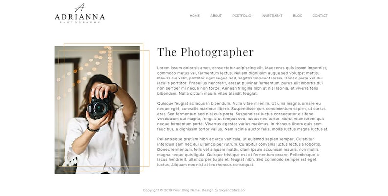 May include: Website design for Adrianna Photography, featuring a photographer holding a camera. The site includes navigation links and text about the photographer. The design uses a gold color scheme.