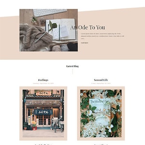 May include: A website homepage for a blog called "i wanna be red". The homepage features a grid of images with text overlays. The images are of a Japanese street scene, a book, a knitted blanket, and a plate of pastries. The text overlays include the words "Feelings", "Second Life", "An Ode To You", and "Snap Shoot".