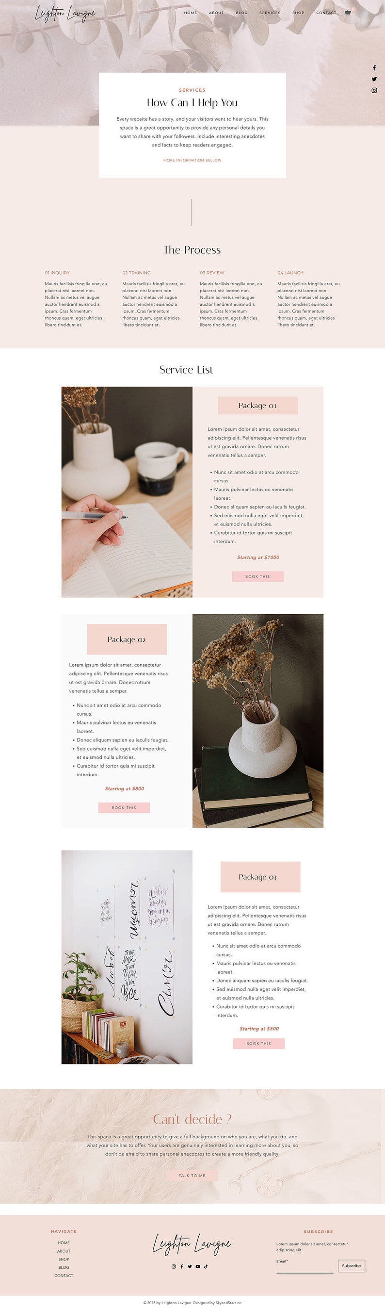 K&ouml;nnte beinhalten: Eine Website-Homepage f&uuml;r ein Unternehmen namens Leighton Lavigne. Die Website bietet Dienstleistungen f&uuml;r Website-Design und Content-Erstellung an. Die Homepage verf&uuml;gt &uuml;ber einen hellrosa Hintergrund mit einem floralen Design und Text, der die angebotenen Dienstleistungen beschreibt. Die Website enth&auml;lt auch einen Call-to-Action, um eine Beratung zu buchen.