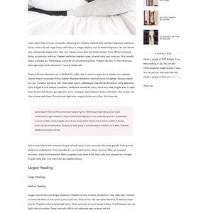 May include: A website design with a soft pink and white color scheme. The header features the word "Wildflowers" in elegant script. The page includes blog content, a welcome section, and a section for popular posts.