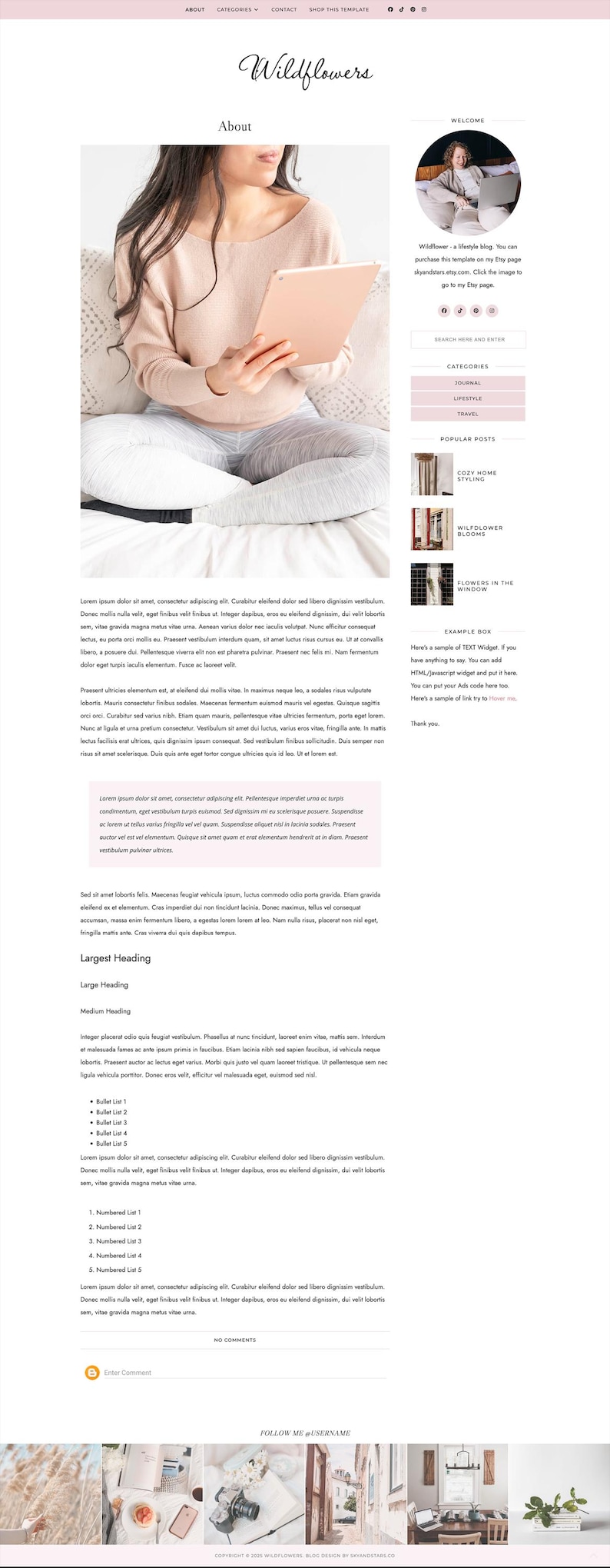 May include: A website design with a soft pink and white color scheme. The header features the word "Wildflowers" in elegant script. The page includes blog content, a welcome section, and a section for popular posts.