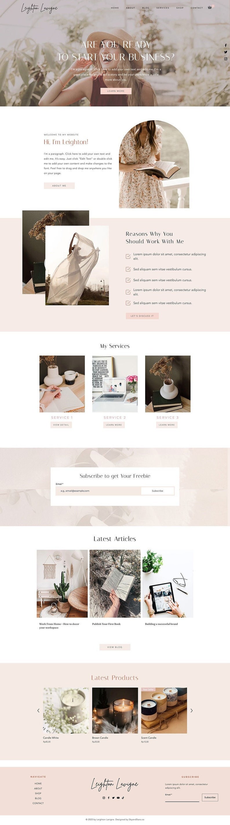 K&ouml;nnte beinhalten: Eine Website-Startseite f&uuml;r ein Unternehmen namens Leighton Lavigne. Die Website zeigt ein Foto einer Frau in einem Blumenkleid, einen Abschnitt mit Gr&uuml;nden, mit dem Unternehmen zusammenzuarbeiten, einen Abschnitt mit Dienstleistungen, einen Abschnitt mit Artikeln und einen Abschnitt mit Produkten. Die Produkte sind Kerzen in verschiedenen Farben und Designs.