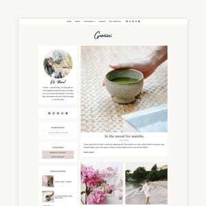 Peut inclure: Modèle de site web minimaliste avec le mot "Gemini" en haut de page. Le contenu principal comprend une photo de thé matcha, le texte "In the mood for matcha" et des aperçus d'autres articles de blog.