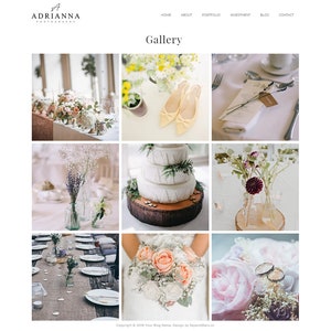 May include: A website gallery featuring wedding photography. Images include floral arrangements, a tiered cake, shoes, table settings, and a bridal bouquet. The website's name is Adrianna Photography.