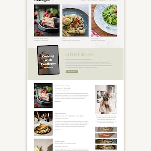 May include: A website for a food blog called "Foodlogue" with a green and white color scheme. The website features images of food, recipes, and a call to action to sign up for free recipes. The text "Cooking with Foodlogue Recipe Guide" is featured on a book cover.