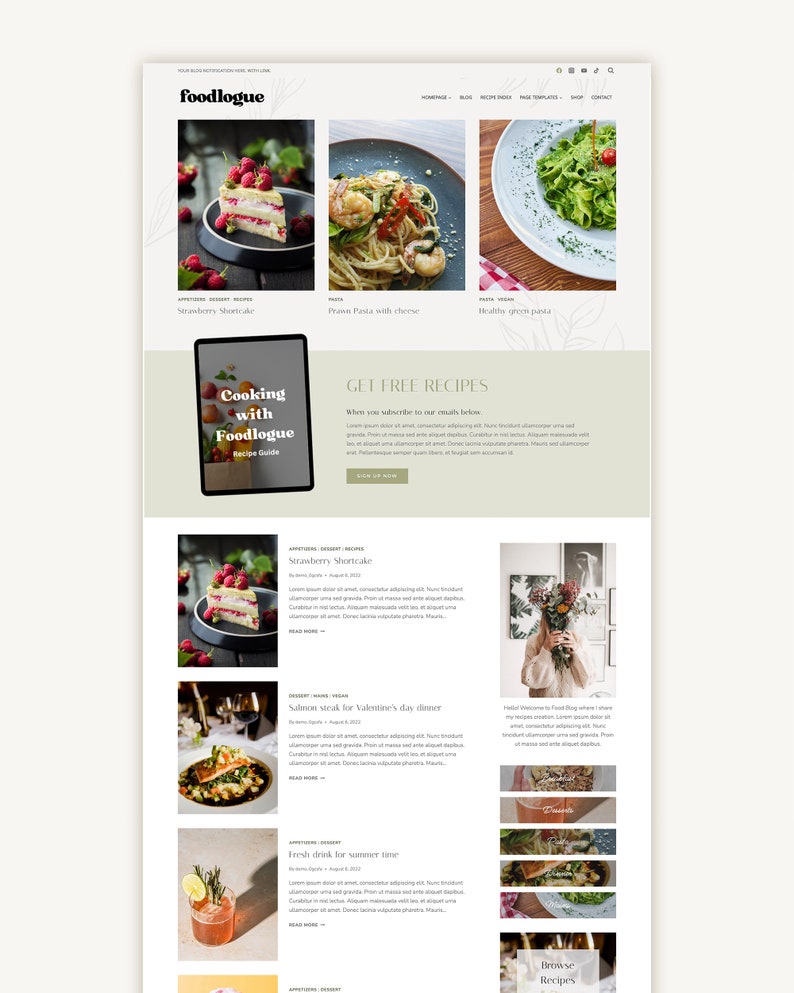 May include: A website for a food blog called "Foodlogue" with a green and white color scheme. The website features images of food, recipes, and a call to action to sign up for free recipes. The text "Cooking with Foodlogue Recipe Guide" is featured on a book cover.