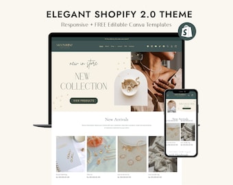 Luxury Jewelry Online Shop - Accessories Shopify Theme - Dark Green Gold Shopify Theme - Editable Canva Templates - Shopify 2.0 Themes