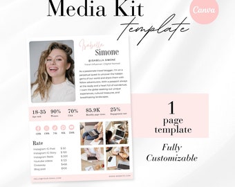 Roze mediakit van 1 pagina Canva-sjabloon, Instagram-mediakit Canva, tariefblad voor beïnvloeders Tiktok-tariefkaart Blogger-persmap, YouTube-tariefkaart