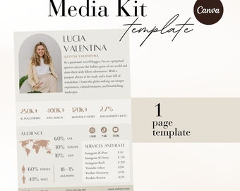 1 Page beige Media kit Canva Template, Instagram media kit Canva, Blogger Influencer Rate Sheet Template Tiktok rate card, Youtube media kit