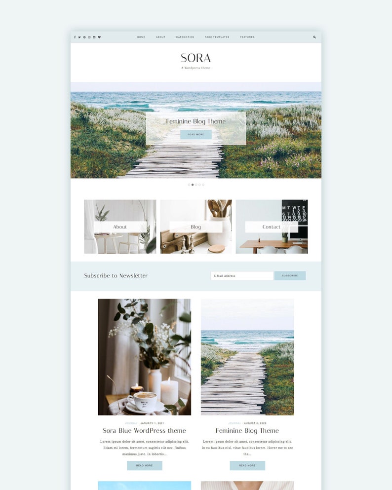 NEW!! Pastel Blue Wordpress Theme, Genesis Child Theme for Creators, Lifestyle Bloggers, Mommy bloggers, Family Bloggers theme - SORA 