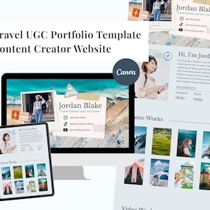 Puede incluir: Una plantilla de portafolio UGC de viajes digital y diseño de sitio web de creador de contenido. El diseño incluye un monitor de computadora, una tableta y tarjetas impresas. La plantilla presenta el texto "Jordan Blake" e iconos de redes sociales. El diseño también incluye fotos de viajes.
