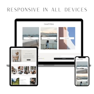 May include: A website design mockup showing a responsive website layout on a laptop, tablet, and smartphone. The website is for a blog called "Good Vibes" and features a light gray background with a white header and black text. The website has a navigation bar with links to "About", "Blog", and "Contact".