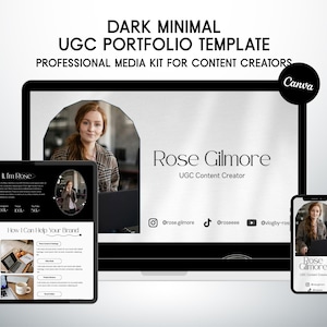 Può includere: Modello di kit multimediale digitale con il testo "DARK MINIMAL UGC PORTFOLIO TEMPLATE" e "PROFESSIONAL MEDIA KIT FOR CONTENT CREATORS". Il modello è visualizzato su laptop, tablet e smartphone.