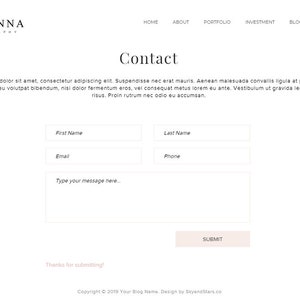May include: A website contact page with the logo "ADRIANNA PHOTOGRAPHY" at the top. The page includes fields for first name, last name, email, phone, and a message box, with a "SUBMIT" button. The design is minimalist with a white background.
