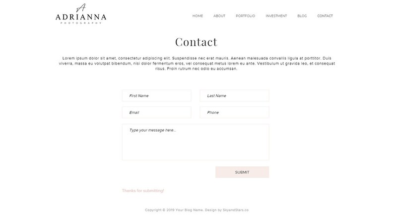 May include: A website contact page with the logo "ADRIANNA PHOTOGRAPHY" at the top. The page includes fields for first name, last name, email, phone, and a message box, with a "SUBMIT" button. The design is minimalist with a white background.