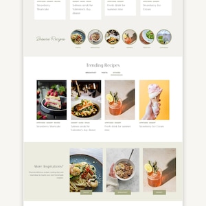 May include: A website homepage for a food blog called "foodlogue". The website features images of various food dishes, including strawberry shortcake, salmon steak, a summer drink, and strawberry ice cream. The website also includes a section for trending recipes, more inspirations, and a shop for favorites.