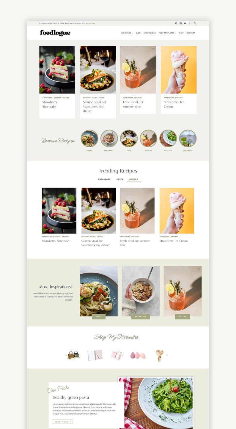 May include: A website homepage for a food blog called "foodlogue". The website features images of various food dishes, including strawberry shortcake, salmon steak, a summer drink, and strawberry ice cream. The website also includes a section for trending recipes, more inspirations, and a shop for favorites.