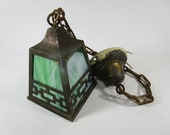 Antique Arts and crafts mission green slag glass brass hanging light pendant