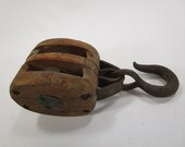 Vintage antique wooden cast iron mini barn pulley