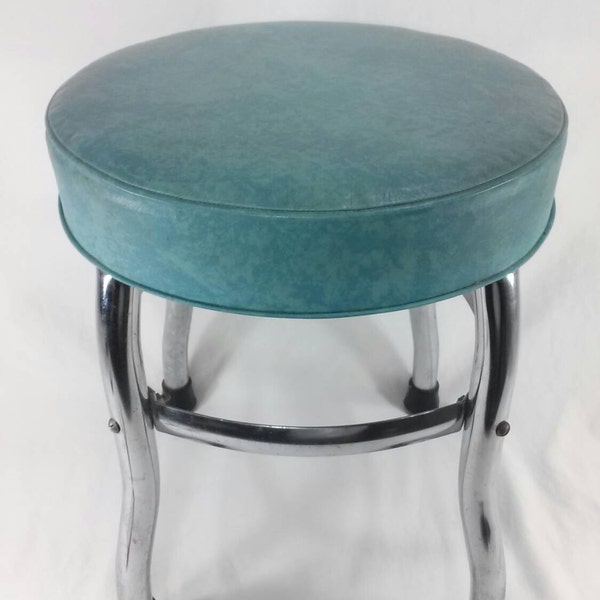 Vintage aqua chrome and vinyl stool turquoise seafoam green blue retro cosco