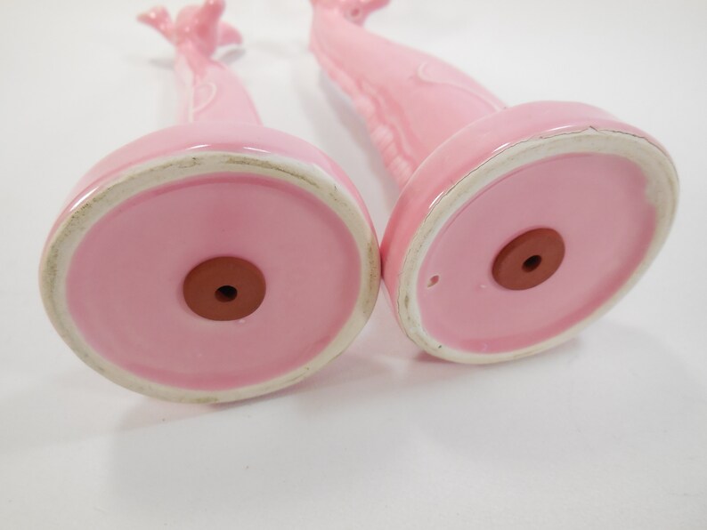 Pair of vintage retro pink ceramic giraffes salt and pepper shakers