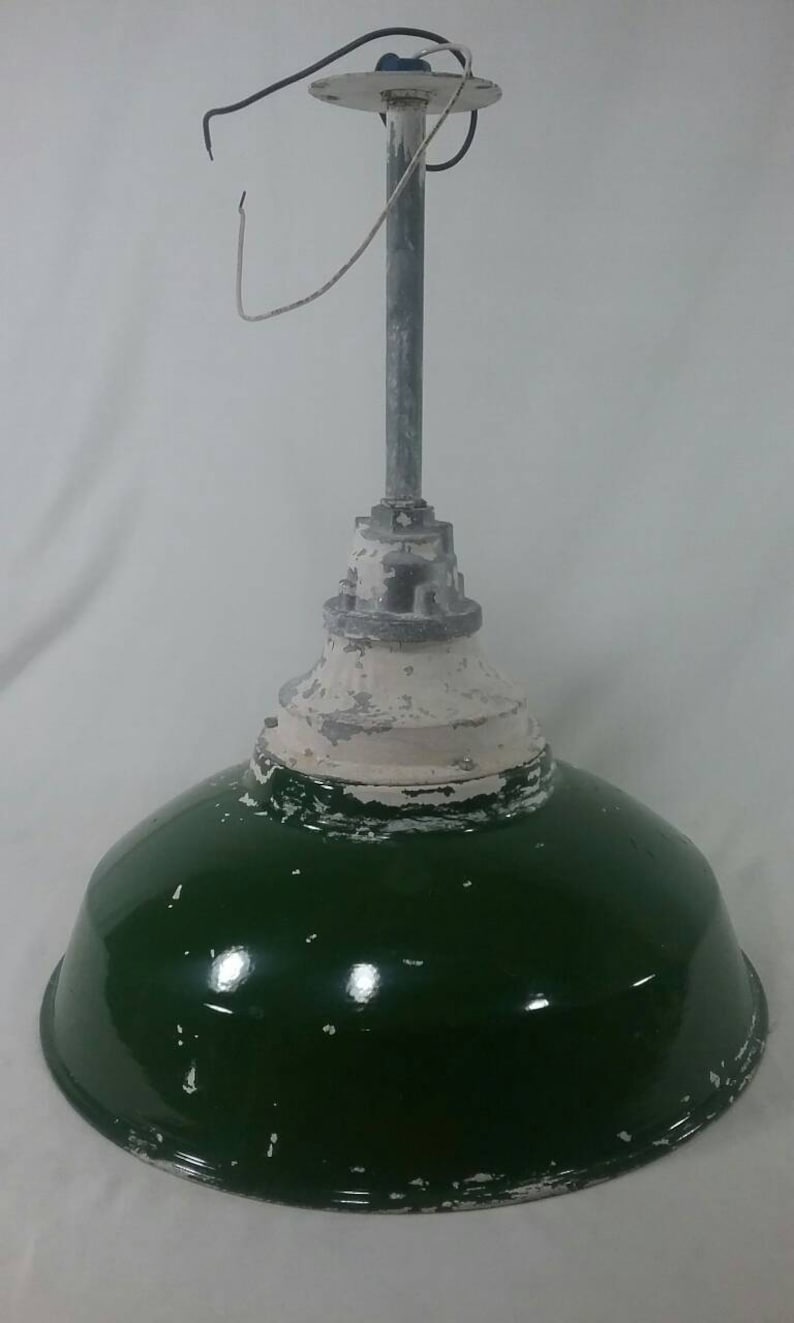 Vintage Green Porcelain Enamel Explosion Proof Lamp Shade Gas Station Barn Light