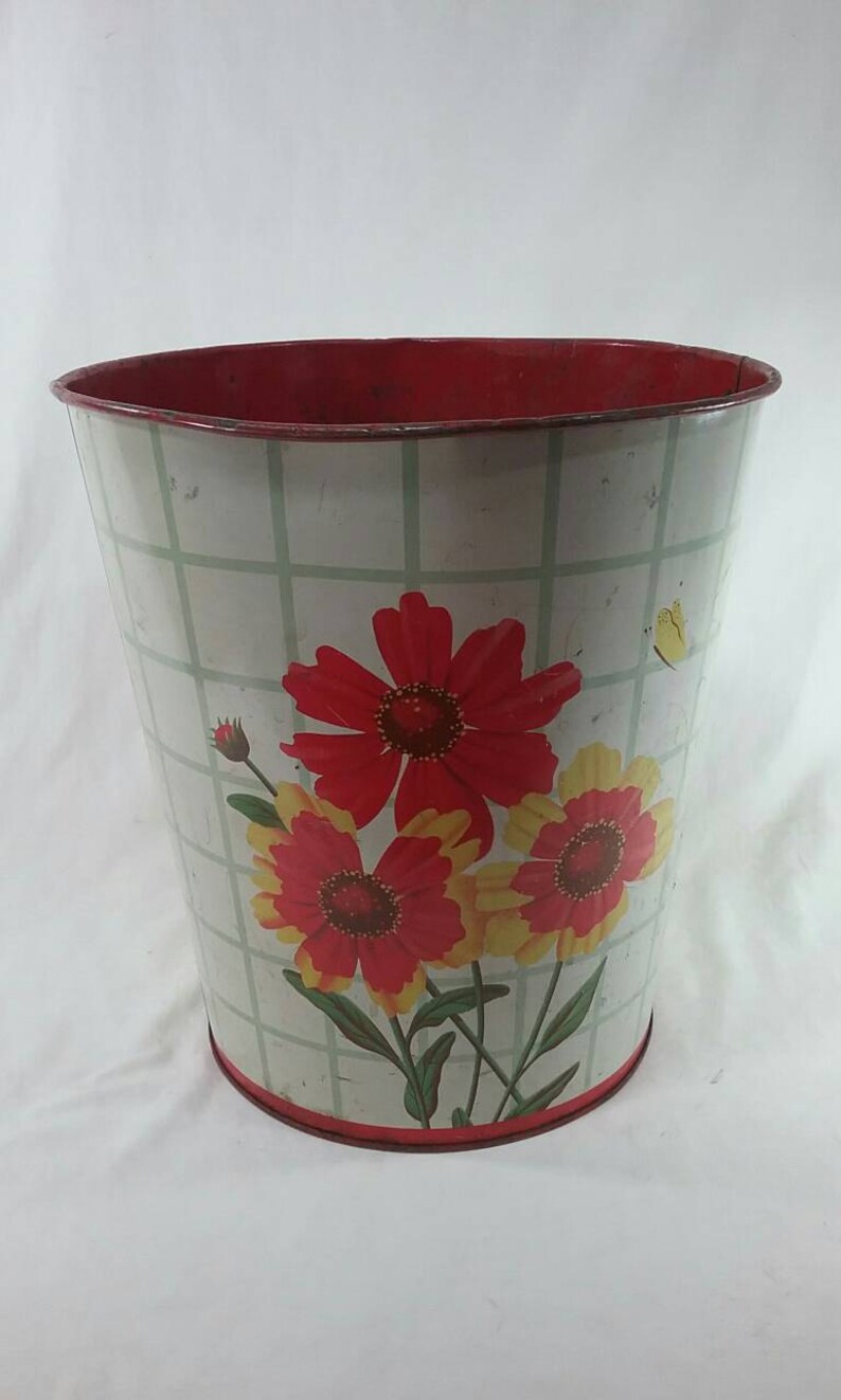 Vintage Metal Flower Trash Can Retro Etsy