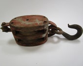 Vintage large wood and iron farm pulley