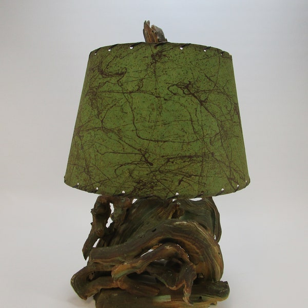 Mid century driftwood lamp in brutalist style green and brown retro vintage