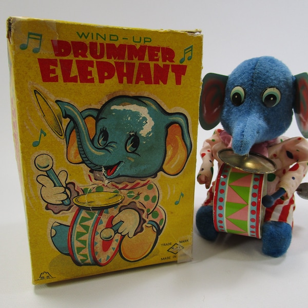 Vintage wind-up tin drummer elephant made in Japan