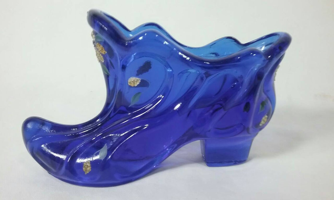 Fenton Colbalt Blue Glass Slipper Hand Painted and Signed Shoe - Etsy