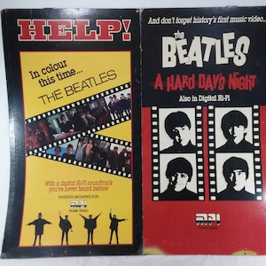 Vintage cardboard Beatles HELP and hard day&#39;s night vhs movie advertising poster 2 part
