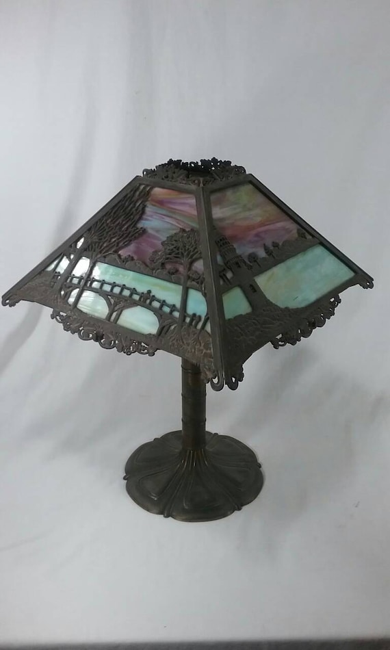 Antique Bradley Hubbard Slag Glass Table Lamp Lighthouse And Bridge Scene Blue Green Stained B H