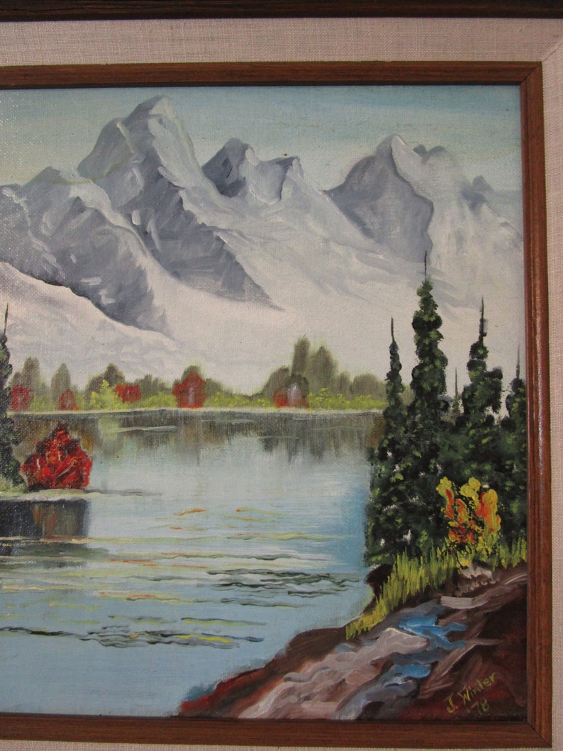 Vintage Mountains and river and landscape oil painting J Winter 1978