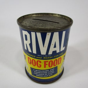 Vintage rival dog food tin can advertising coin bank